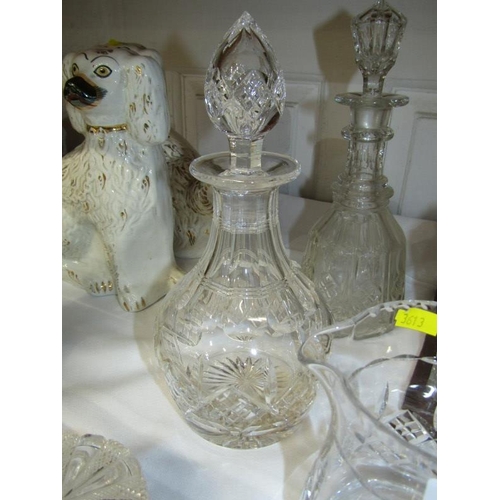 23 - CUT GLASS, pair of square based whisky decanters on stand , 2 Victorian decanters and other cut glas... 