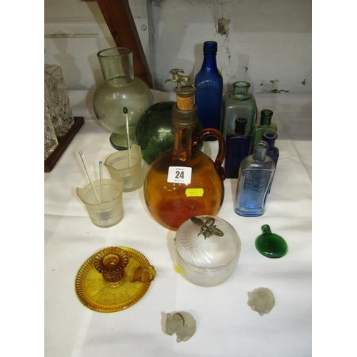 24 - GLASSWARE, vintage medicine bottles, novelty honey pot, 2 miniature frosted glass dog sculptures and... 