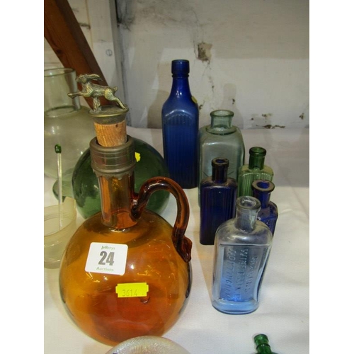 24 - GLASSWARE, vintage medicine bottles, novelty honey pot, 2 miniature frosted glass dog sculptures and... 