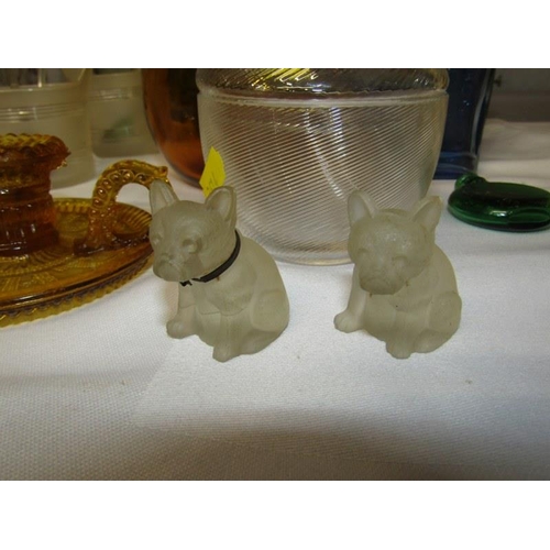 24 - GLASSWARE, vintage medicine bottles, novelty honey pot, 2 miniature frosted glass dog sculptures and... 