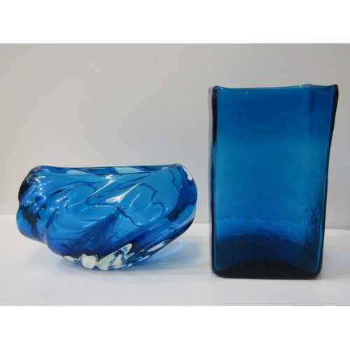 30 - RETRO GLASS, blue glass rectangular form 23cm vase, together with 1 other blue glass oval table vase