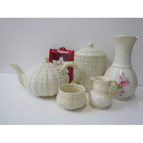 31 - BELLEEK, shell designed, teapot, milk jug and sugar bowl, also biscuit barrel and 2 other pieces