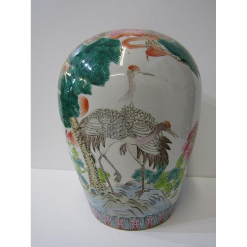 41 - ORIENTAL CERAMICS, Japanese famille rose 'Crane' oviform 26cm vase, red seal base mark (no lid)