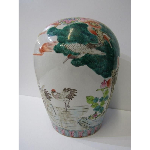 41 - ORIENTAL CERAMICS, Japanese famille rose 'Crane' oviform 26cm vase, red seal base mark (no lid)