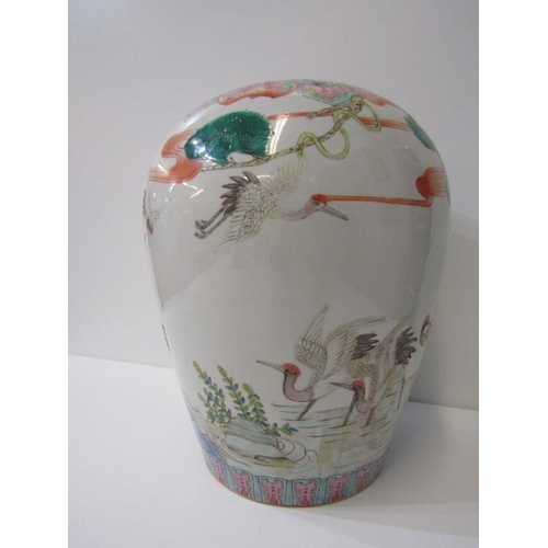 41 - ORIENTAL CERAMICS, Japanese famille rose 'Crane' oviform 26cm vase, red seal base mark (no lid)