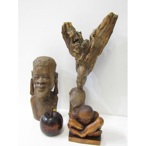 43 - TREEN, 2 ethnic carved figures also treen apple paperweight and 1 other figure