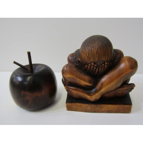 43 - TREEN, 2 ethnic carved figures also treen apple paperweight and 1 other figure