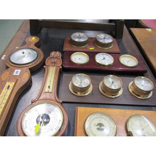 504 - BAROMETERS, 2 classic wall barometers/thermometers, 1 with shell motif inlay, selection of other wal... 