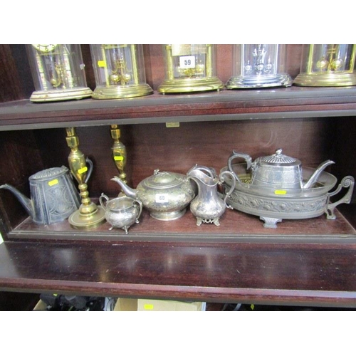 60 - SILVER PLATE, Victorian teapot, milk jug also pair of heavy brass circular based candlesticks and co... 