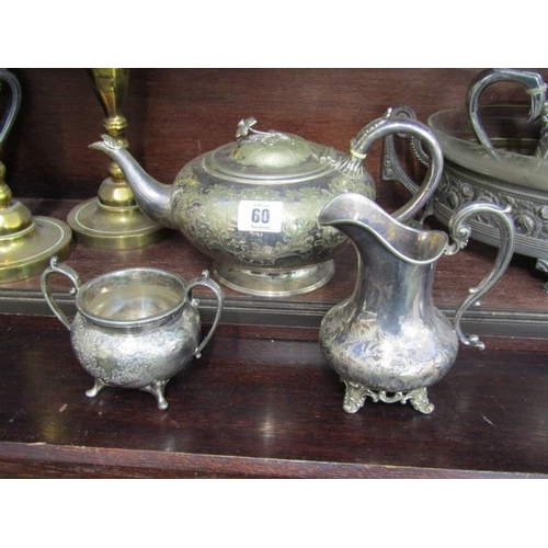 60 - SILVER PLATE, Victorian teapot, milk jug also pair of heavy brass circular based candlesticks and co... 