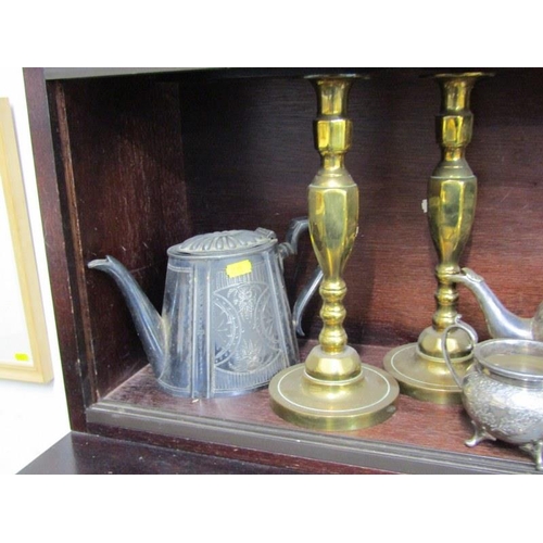 60 - SILVER PLATE, Victorian teapot, milk jug also pair of heavy brass circular based candlesticks and co... 