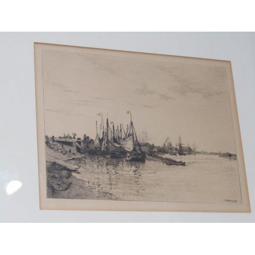 88 - F. REASON, signed watercolour 'A Ruined Mine' together with C. Hollaway etching, 'The Harbour'