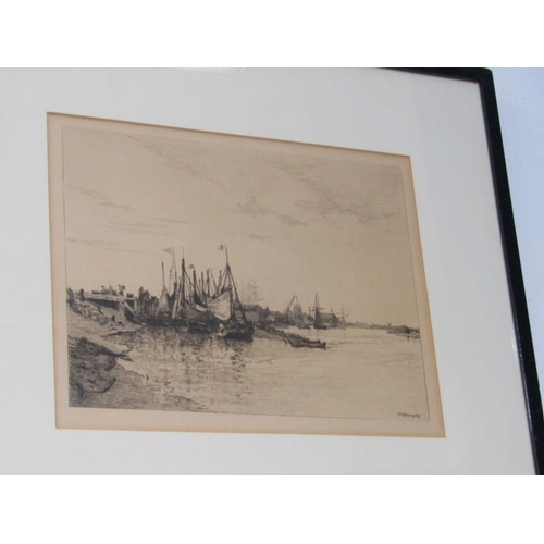 88 - F. REASON, signed watercolour 'A Ruined Mine' together with C. Hollaway etching, 'The Harbour'