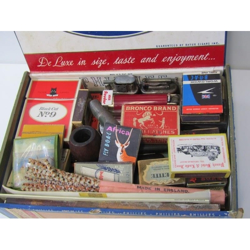 99 - SMOKING ACCESSORIES, vintage cigar box containing cigarette lighters, matches, pipes etc