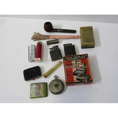 99 - SMOKING ACCESSORIES, vintage cigar box containing cigarette lighters, matches, pipes etc