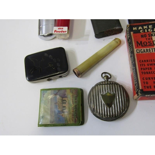 99 - SMOKING ACCESSORIES, vintage cigar box containing cigarette lighters, matches, pipes etc