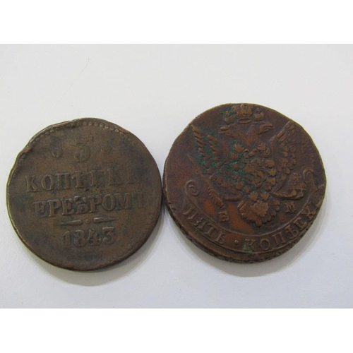 24 - RUSSIAN COINS, 1785 EM Catherine the Great, Russian Empire copper 5 Kopeks in good grade & 1843 Russ... 