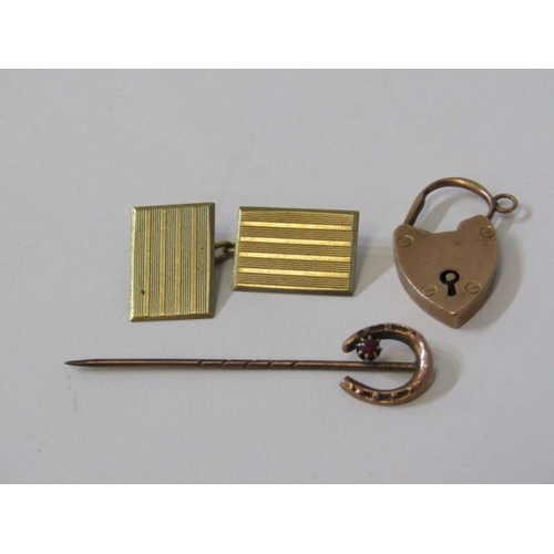 49 - 9ct GOLD ITEMS, including heart padlock clasp, single cuff link and horse shoe pin, 4.7 grams combin... 