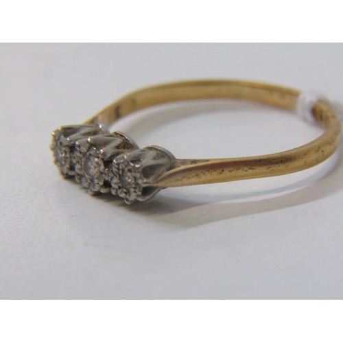 55 - 18ct YELLOW GOLD 3 STONE DIAMOND RING, illusion set diamonds, 18ct gold setting, size S also a ladie... 