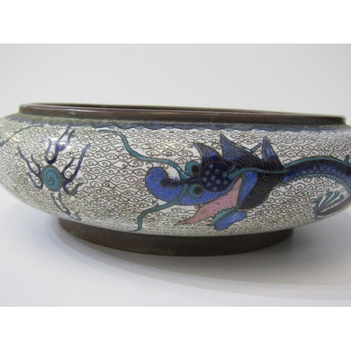 1 - ORIENTAL CLOISONNÉ, Chinese dragon design compressed circular bowl, 20cm width, 4 character mark to ... 