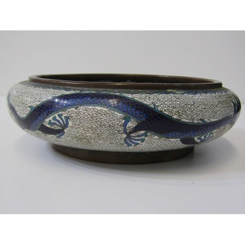 1 - ORIENTAL CLOISONNÉ, Chinese dragon design compressed circular bowl, 20cm width, 4 character mark to ... 