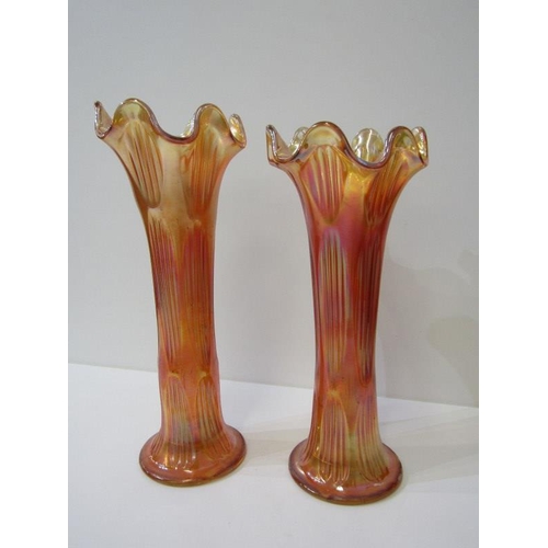 11 - GLASSWARE, 2 marigold carnival glass vases, Victorian emerald glass enamelled biscuit barrel, Art De... 