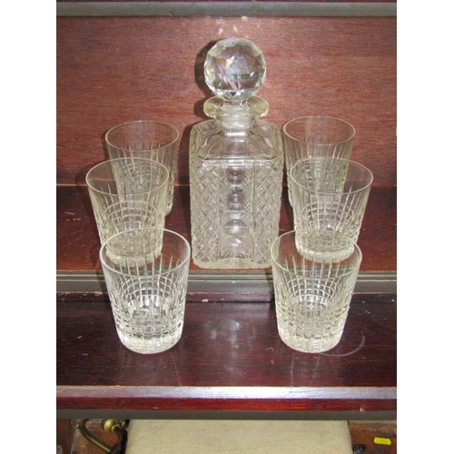 13 - CUT GLASS, whisky decanter and set of 6 glass cut glass tumblers