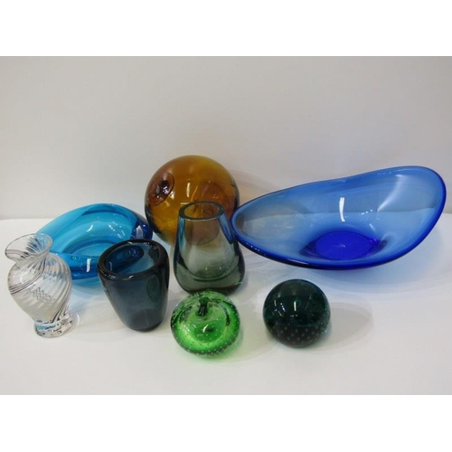 20 - RETRO GLASS, 2 blue glass bowls, specimen vases and 2 paper weights