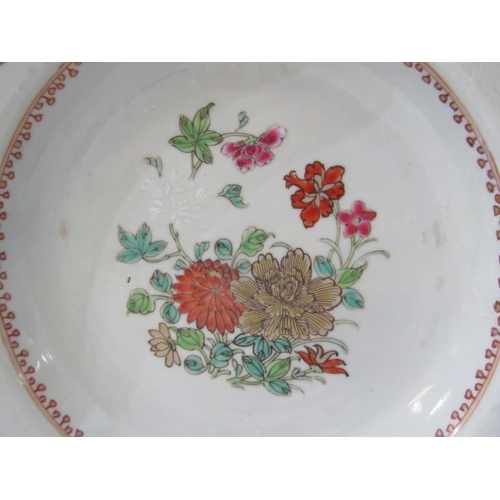 25 - ORIENTAL CERAMICS, Arita gilded 23cm circular dish; also famille rose floral decorated soup bowl