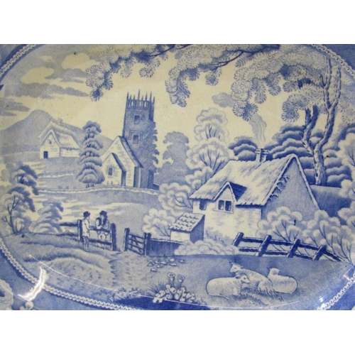35 - ANTIQUE TRANSFERWARE, 19th Century willow pattern, 38cm serving plate; also similar village church p... 