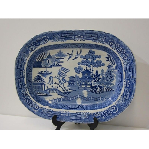 35 - ANTIQUE TRANSFERWARE, 19th Century willow pattern, 38cm serving plate; also similar village church p... 