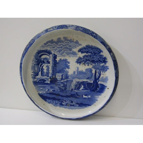 35 - ANTIQUE TRANSFERWARE, 19th Century willow pattern, 38cm serving plate; also similar village church p... 