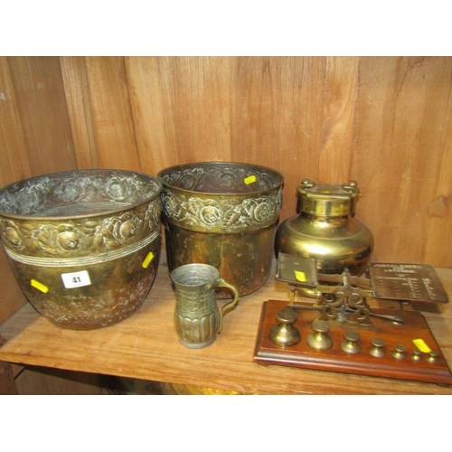 41 - ANTIQUE POSTAL SCALES, with graduated weights, also 2 embossed brass jardinières, Eastern brass food... 