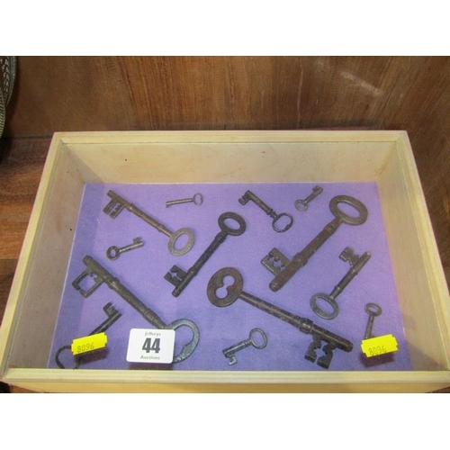 44 - ANTIQUE KEYS,  a glazed box display of antique keys