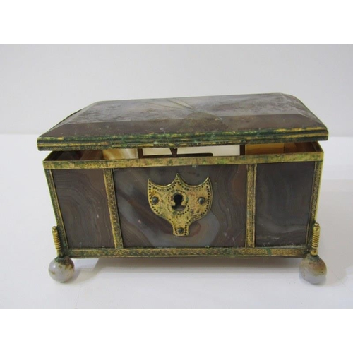 45 - ROSEWOOD BRASS INLAID PEN BOX, also silver lidded vanity jar and antique agate casket (damaged)