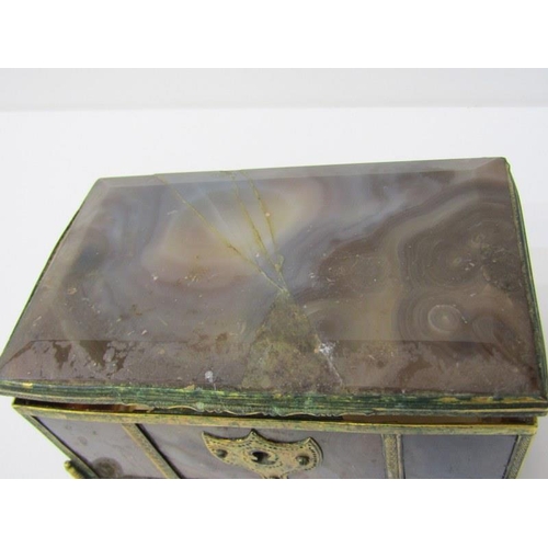 45 - ROSEWOOD BRASS INLAID PEN BOX, also silver lidded vanity jar and antique agate casket (damaged)