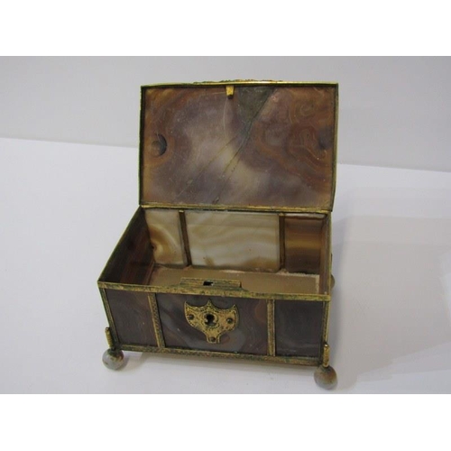 45 - ROSEWOOD BRASS INLAID PEN BOX, also silver lidded vanity jar and antique agate casket (damaged)