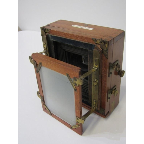 48 - ANTIQUE PLATE CAMERA, J. Lancaster & Son, mahogany and lacquer brass 1892 patent camera