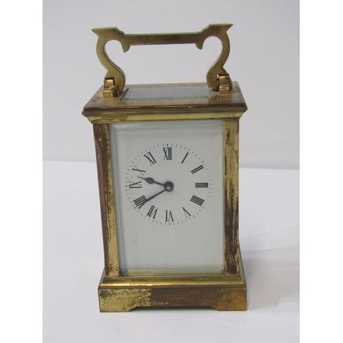 49 - BRASS CARRIAGE CLOCK, plain cased bevelled glass carriage clock stamped to reverse, 