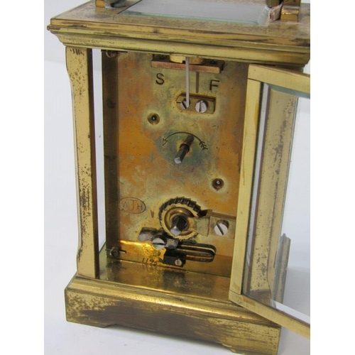 49 - BRASS CARRIAGE CLOCK, plain cased bevelled glass carriage clock stamped to reverse, 