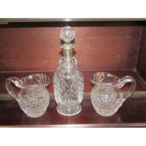 5 - CUT GLASS, silver mounted cut glass decanter and 2 similar water jugs