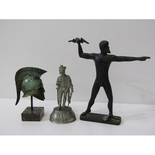 50 - METAL FIGURES, Grecian Warrior, marble based Warrior helmet and 1 other soldier figure