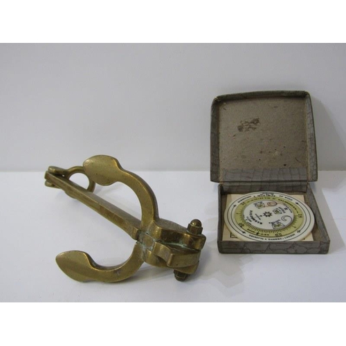 54 - MARITIME, model brass anchor, 2 brass compasses and galleon engraved brass snuff box 