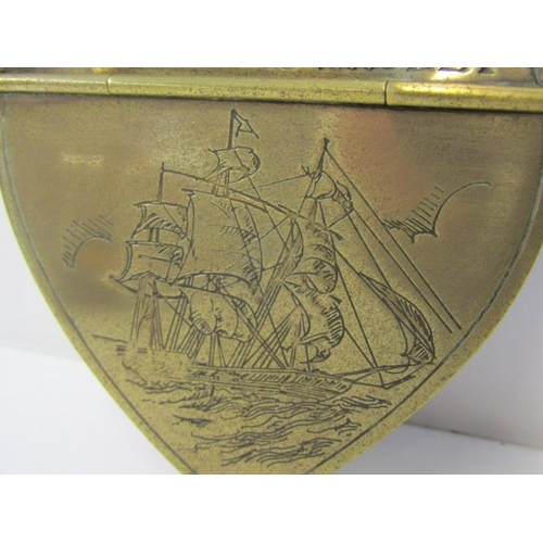 54 - MARITIME, model brass anchor, 2 brass compasses and galleon engraved brass snuff box 