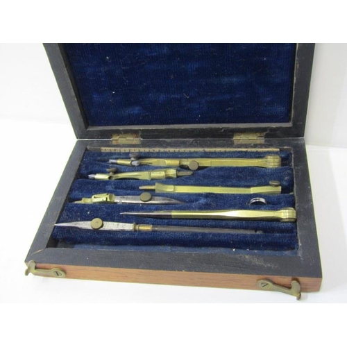 55 - BRASS INLAID PEN BOX, rosewood cased draughtsman instruments, set of boxed weights, etc