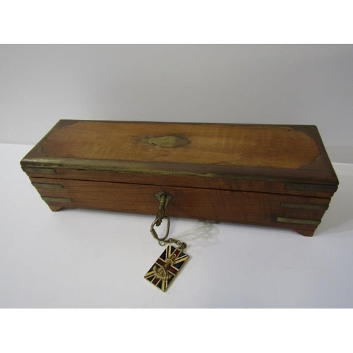 55 - BRASS INLAID PEN BOX, rosewood cased draughtsman instruments, set of boxed weights, etc