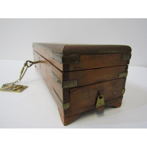 55 - BRASS INLAID PEN BOX, rosewood cased draughtsman instruments, set of boxed weights, etc