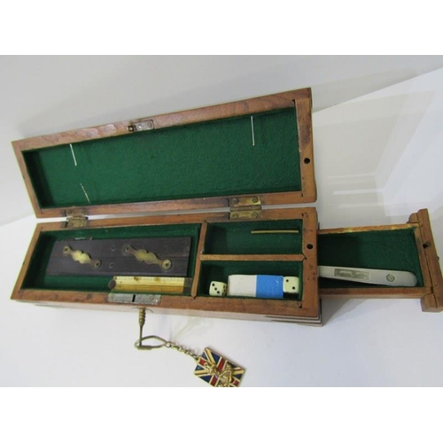 55 - BRASS INLAID PEN BOX, rosewood cased draughtsman instruments, set of boxed weights, etc