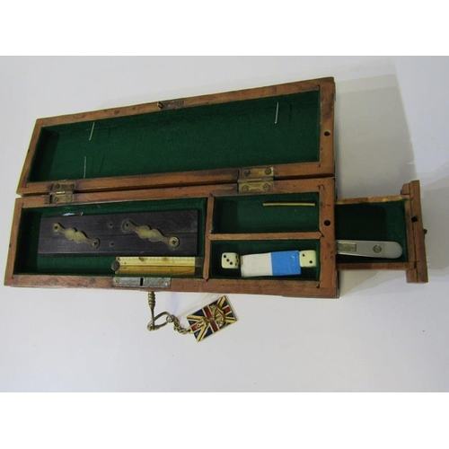 55 - BRASS INLAID PEN BOX, rosewood cased draughtsman instruments, set of boxed weights, etc