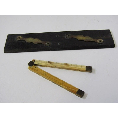 55 - BRASS INLAID PEN BOX, rosewood cased draughtsman instruments, set of boxed weights, etc